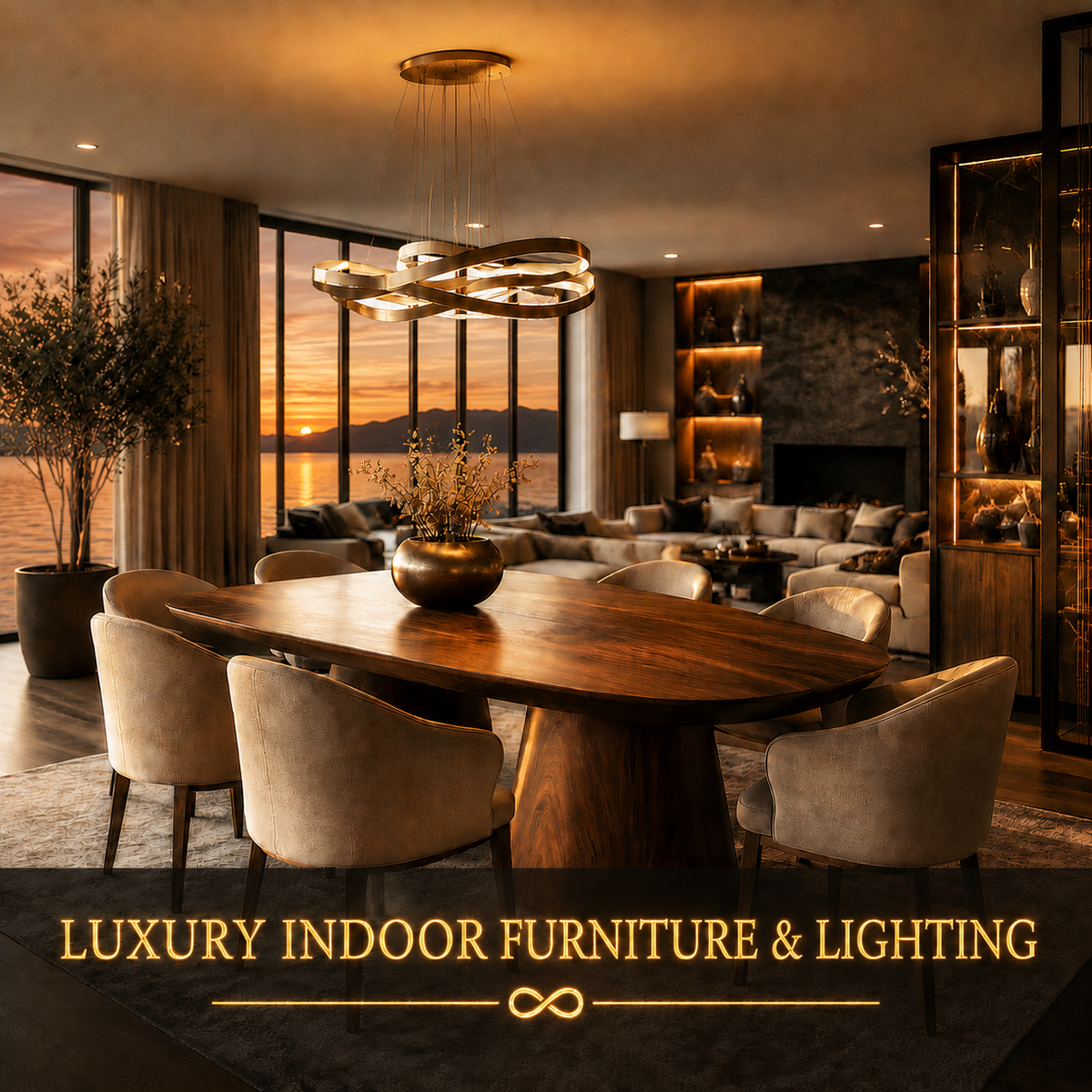 Luxury indoor furniture and lighting with a lake sunset view and luminous gold title