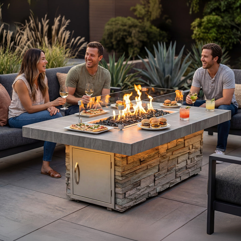 Cal Flame Mojave RT601M outdoor gas fire pit in an outdoor setting