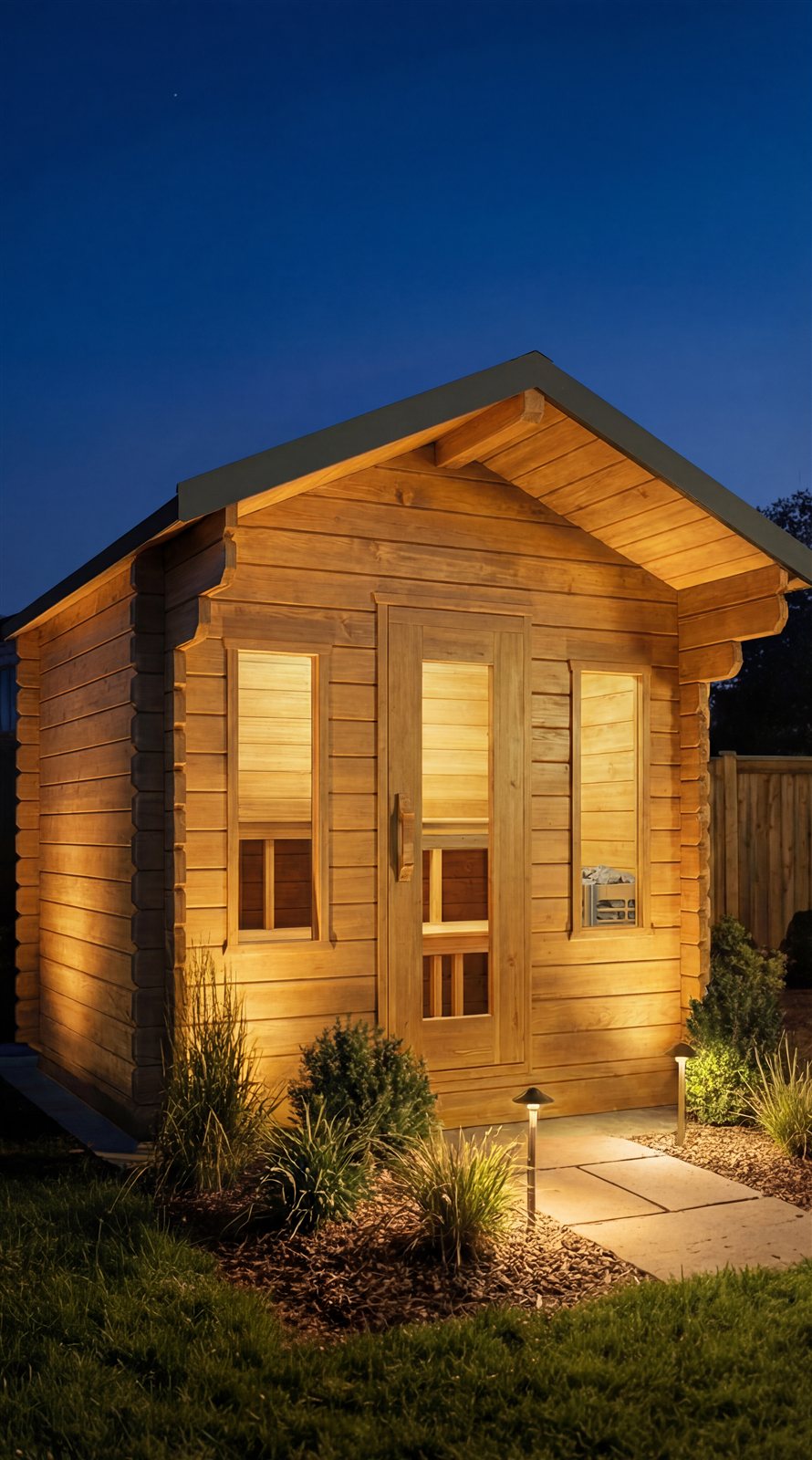 Leisurecraft Canadian Timber Palmer sauna exterior evening view