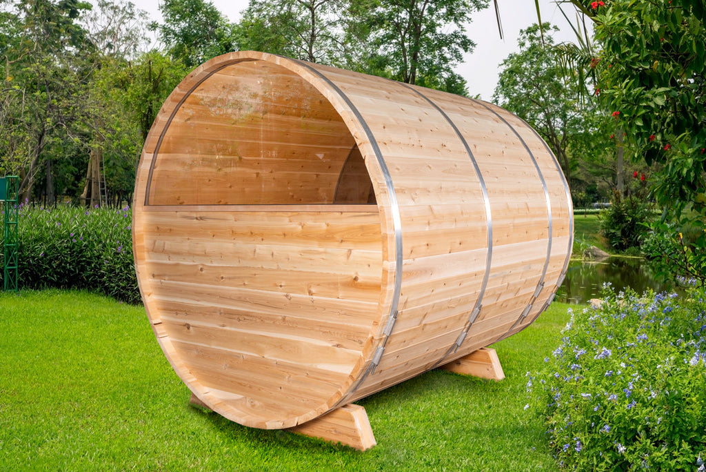 Leisurecraft CT Serenity MP barrel sauna rear exterior with panoramic half-moon window