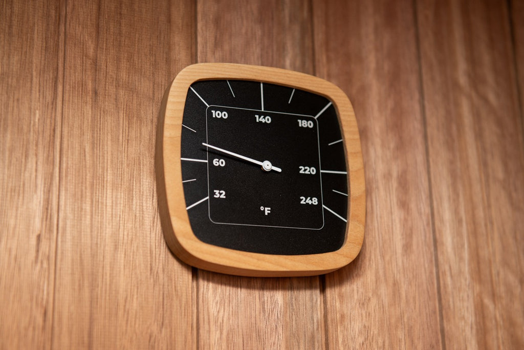 Thermometer shown in the Element Nook demonstration sauna