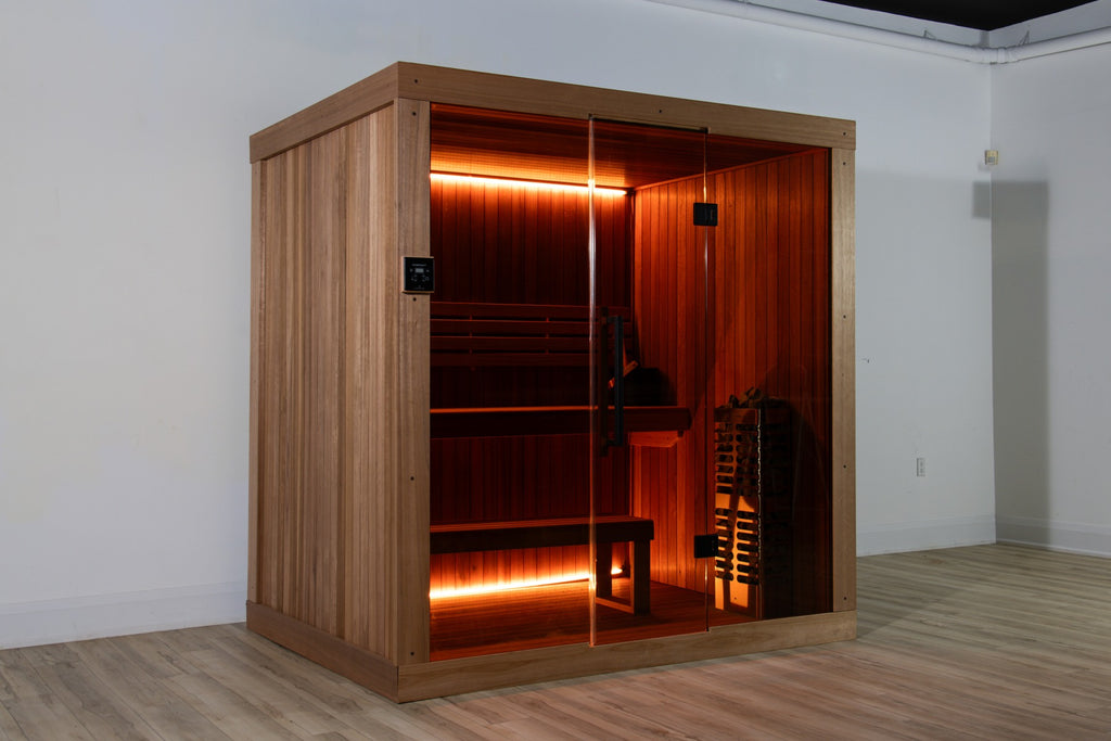 Element Studio indoor sauna three-quarter exterior showing its full-glass front