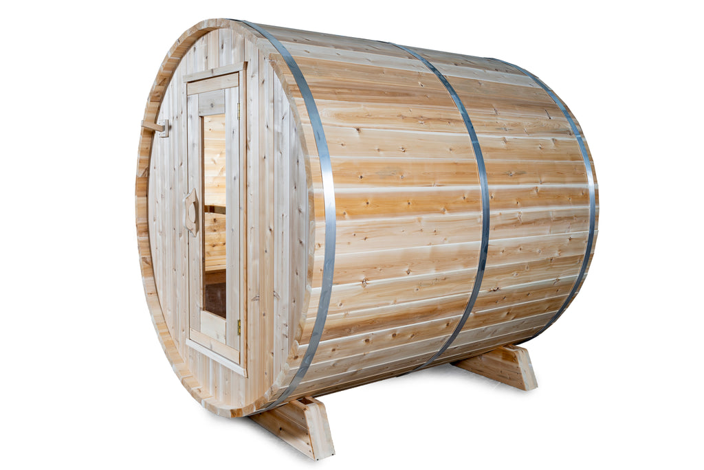 Harmony barrel sauna three-quarter exterior with cedar cradles and metal bands