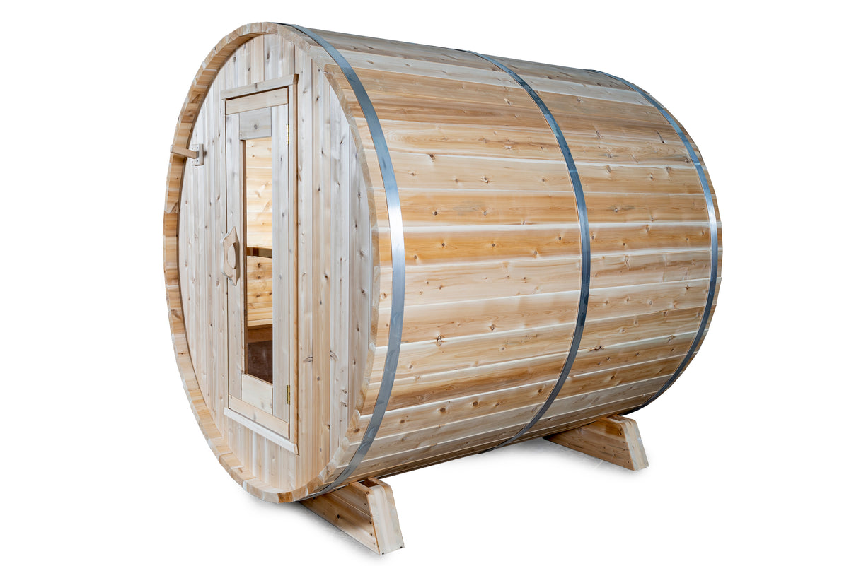 Harmony barrel sauna three-quarter exterior with cedar cradles and metal bands
