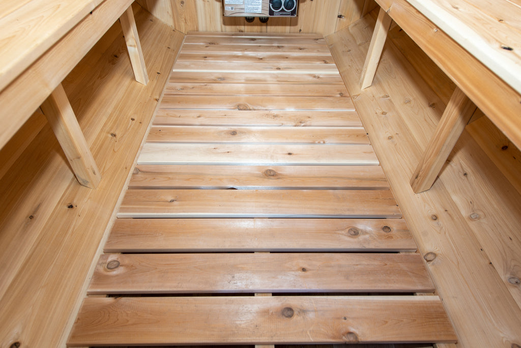Harmony removable flat wooden floor between the cedar benches