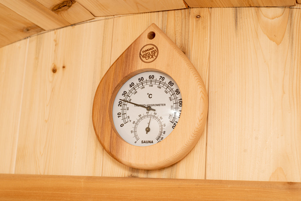 Thermometer and hygrometer shown inside the Harmony demonstration sauna