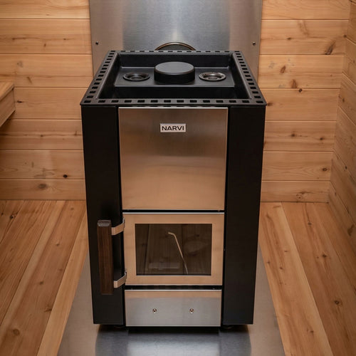 Representative Leisurecraft wood-burning sauna heater; final model varies by sauna configuration