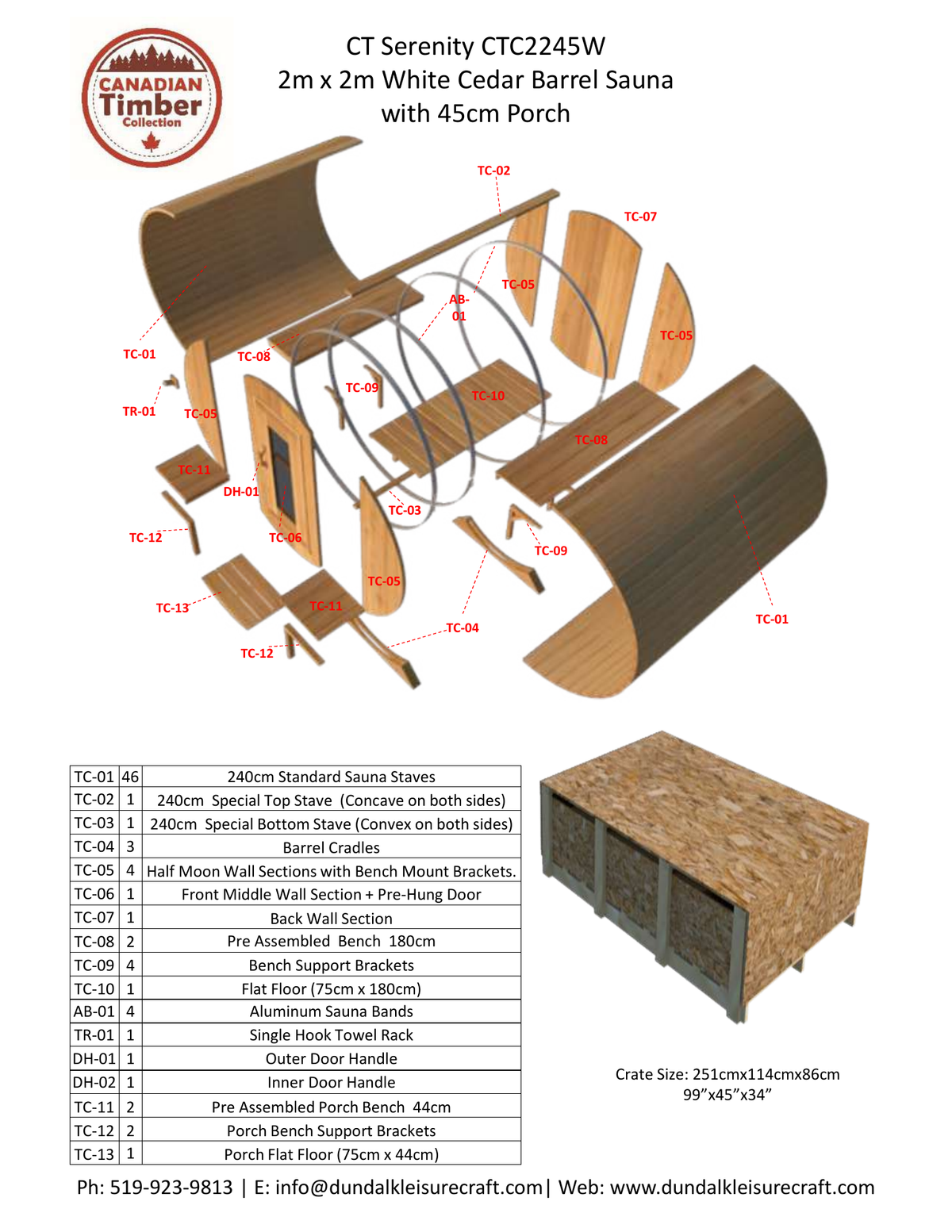 Leisurecraft CT Serenity CTC2245W exploded construction and crate drawing
