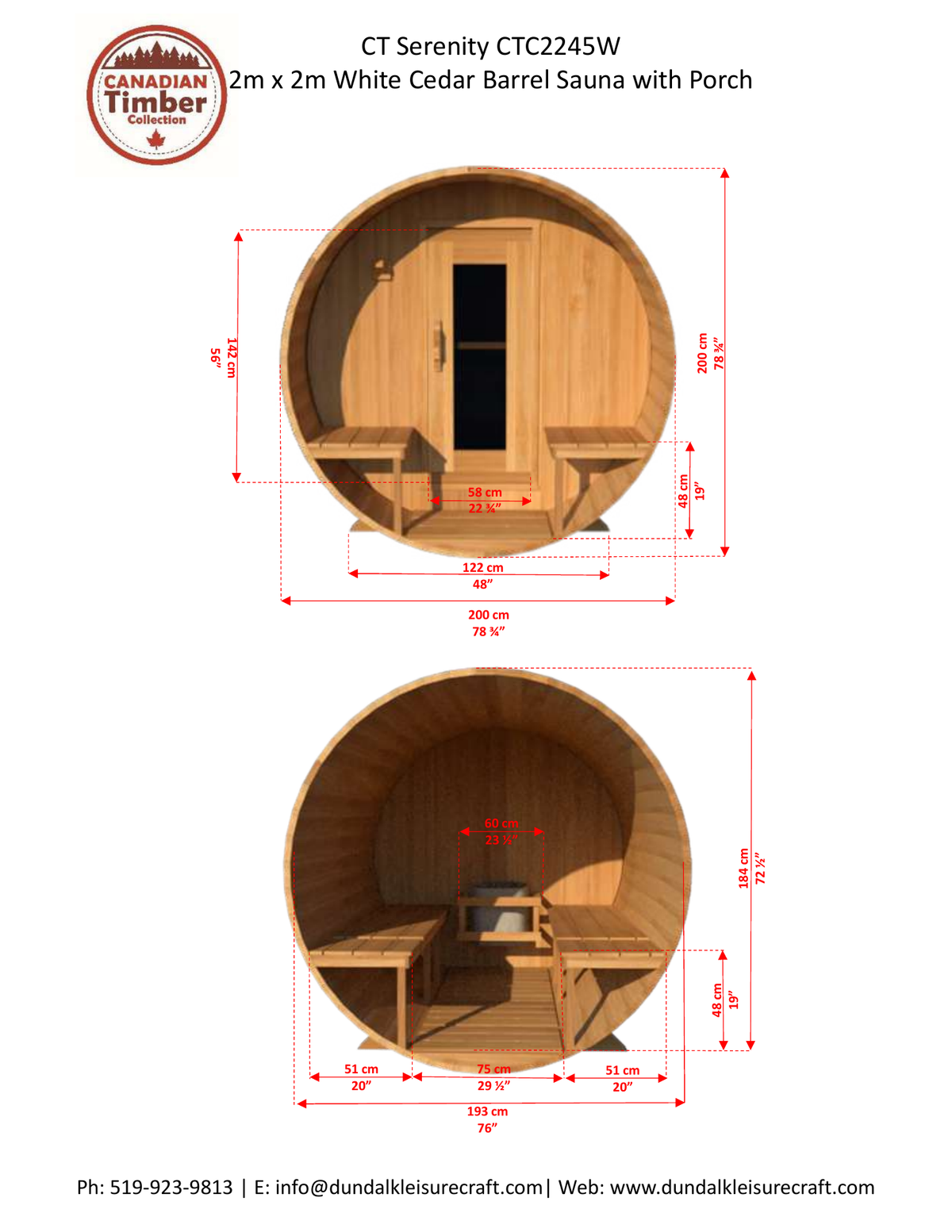 Leisurecraft CT Serenity CTC2245W front and interior dimension drawing