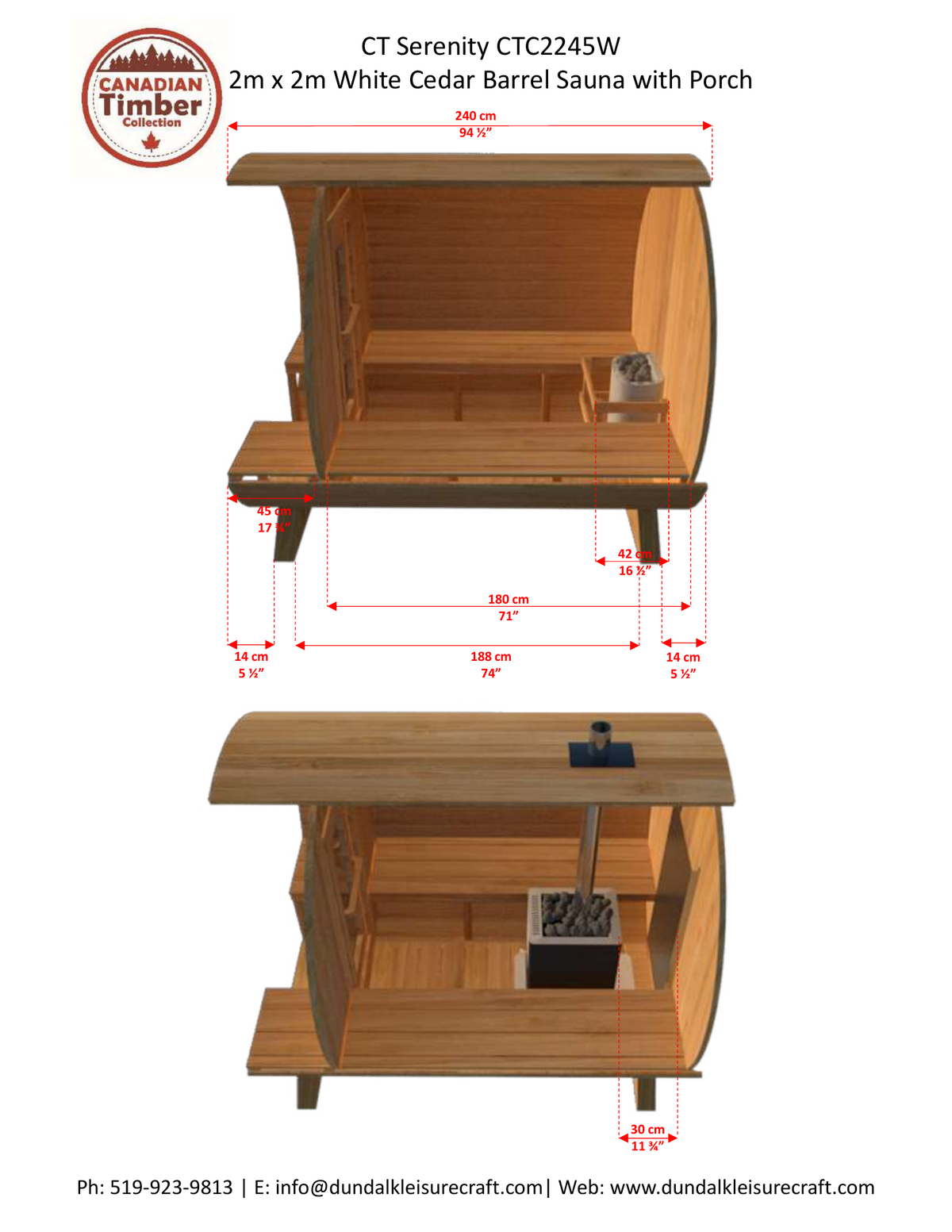 Leisurecraft CT Serenity CTC2245W side and top dimension drawing