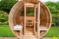 Leisurecraft CT Serenity MP barrel sauna front view with panoramic half-moon windows and built-in porch