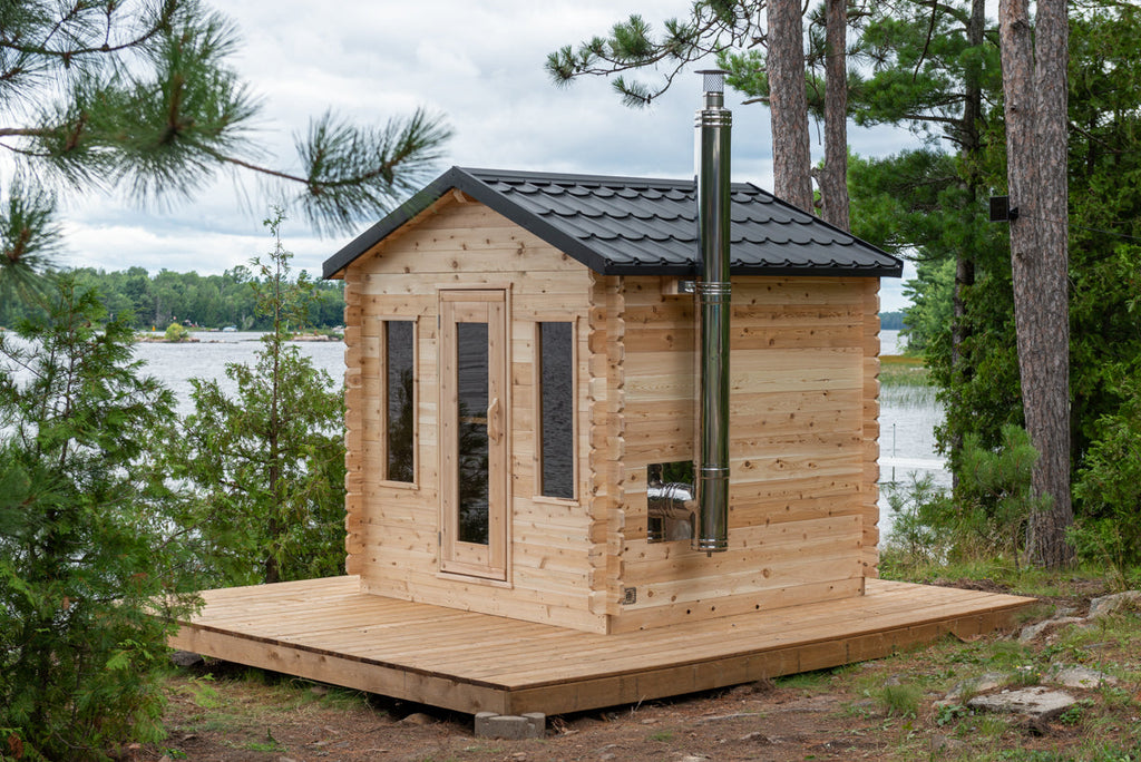 Leisurecraft CTC88 Georgian Cabin Sauna shown with optional wood-heater chimney